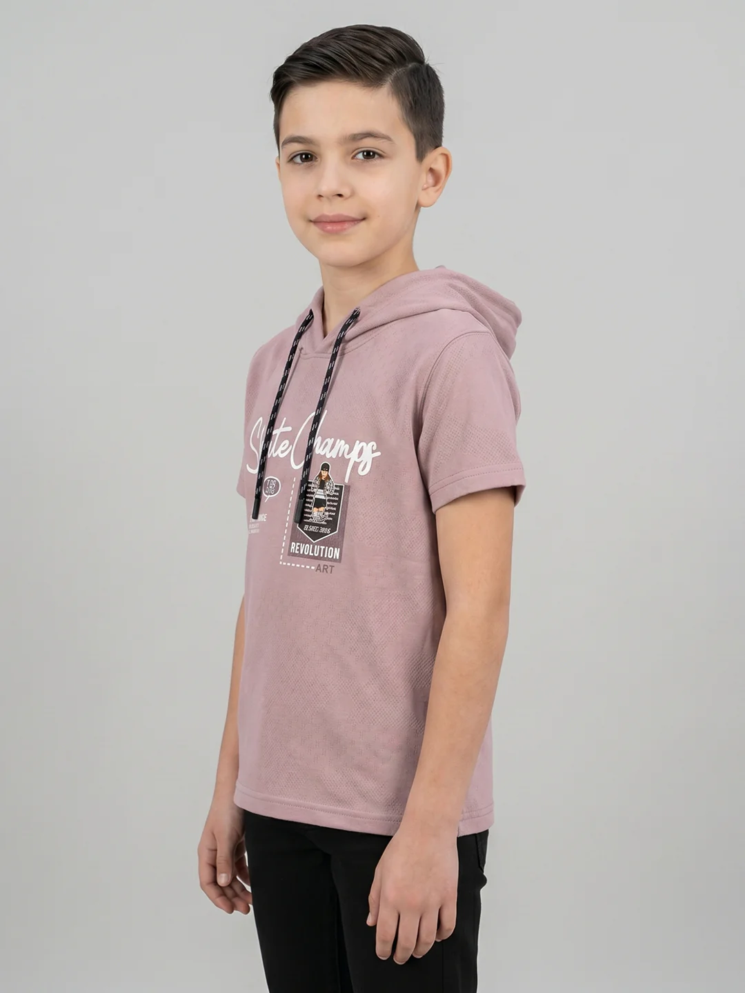 Boys Mauve Printed Hooded Half Sleeve T-Shirt - Image 3