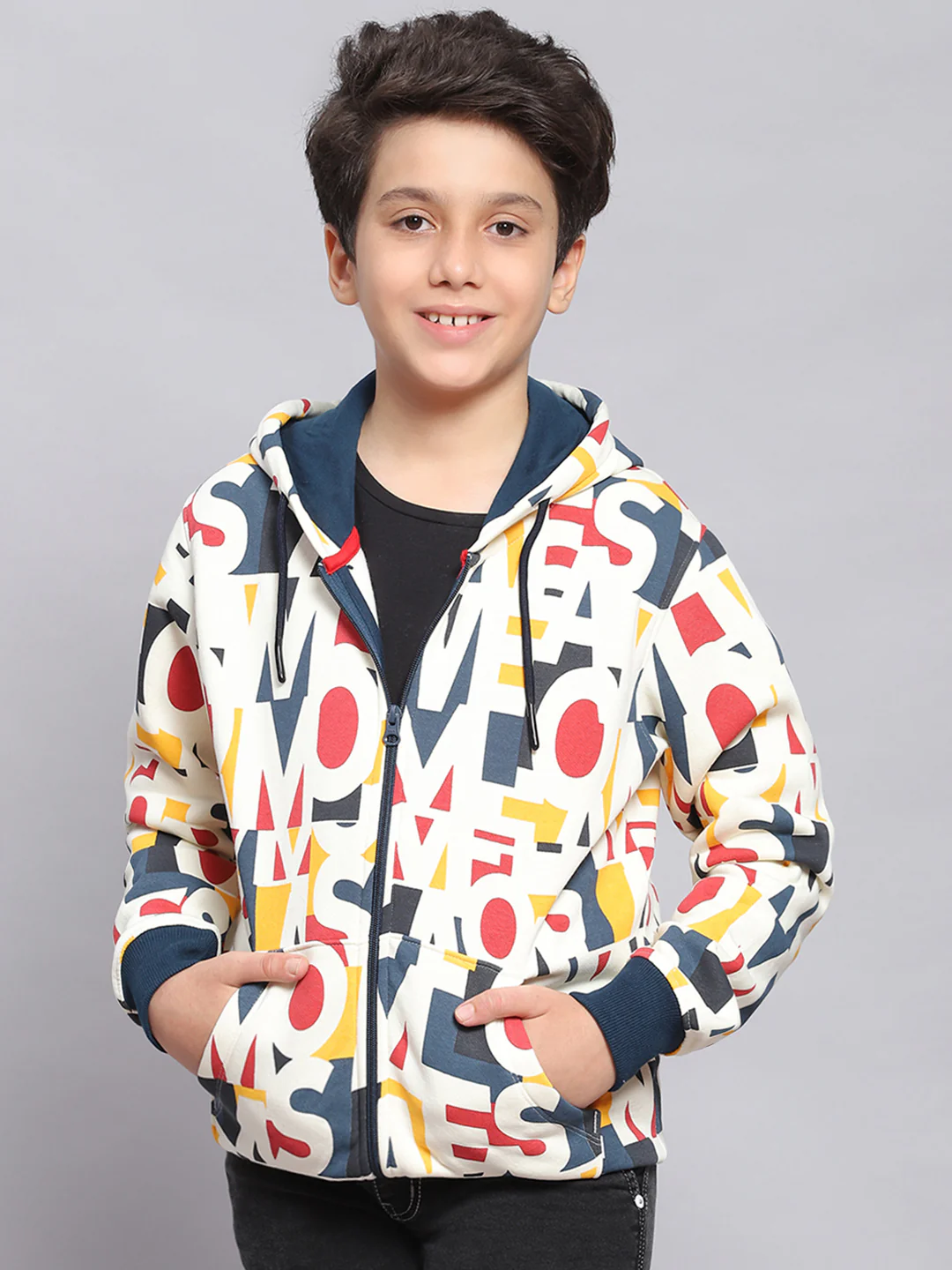 Boys Multicolor Printed Hooded Full Sleeve Sweatshirt - Image 2