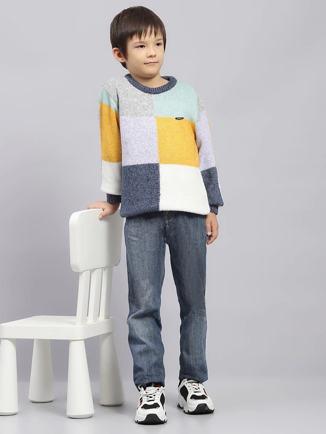 Boys Multicolor Self Design Round Neck Full Sleeve Pullover - Image 2