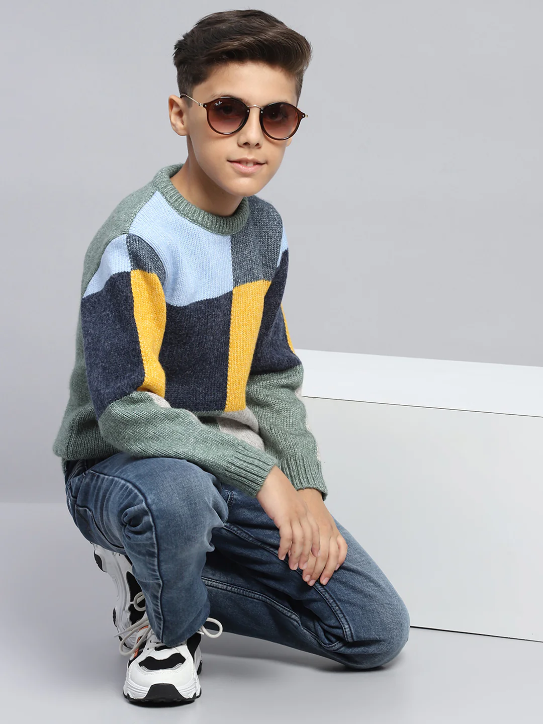 Boys Multicolor Self Design Round Neck Full Sleeve Pullover - Image 2