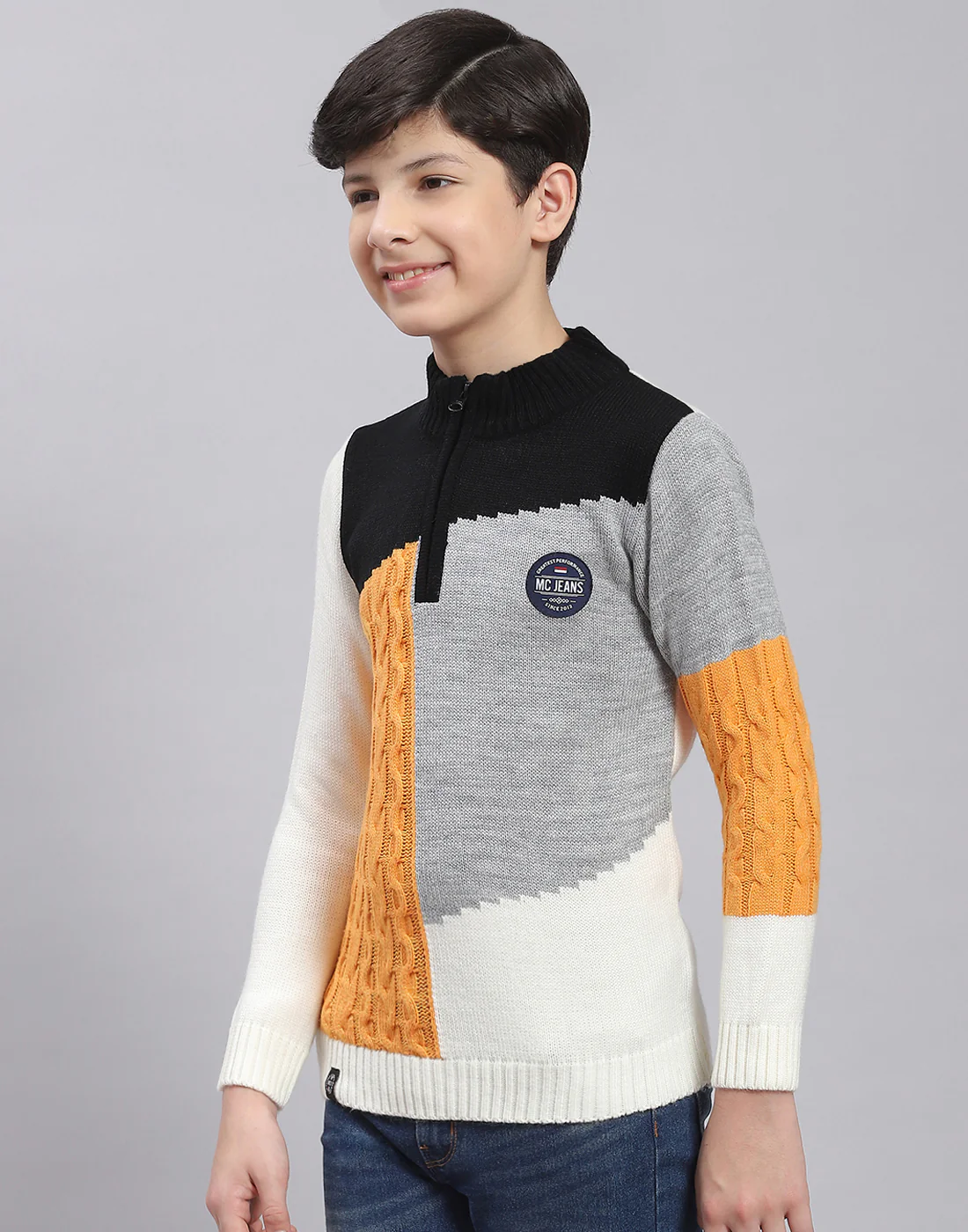 Boys Multicolor Self Design Round Neck Full Sleeve Sweater - Image 3