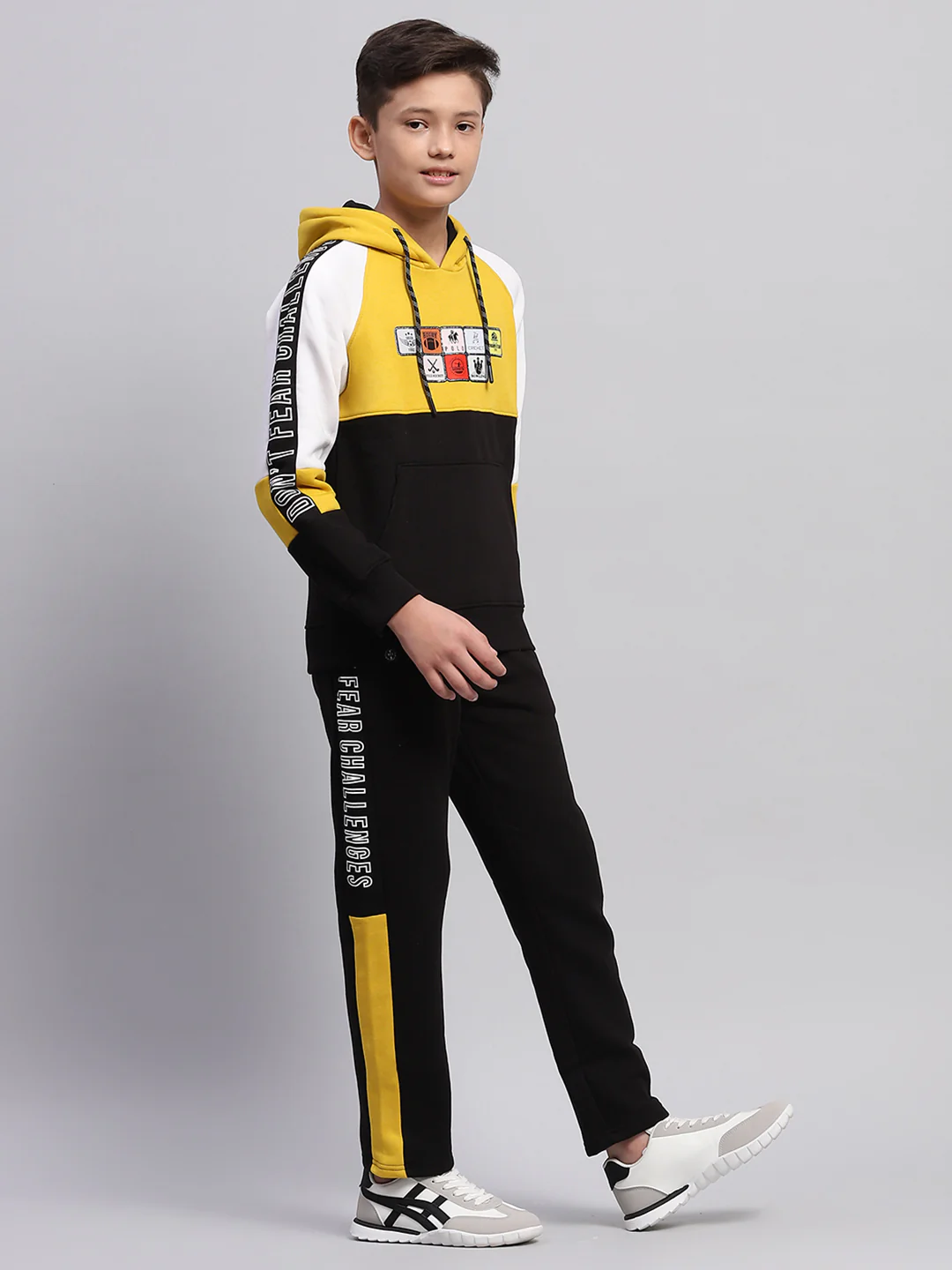 Boys Mustard & Black Printed Hooded Full Sleeve Tracksuit - Image 4