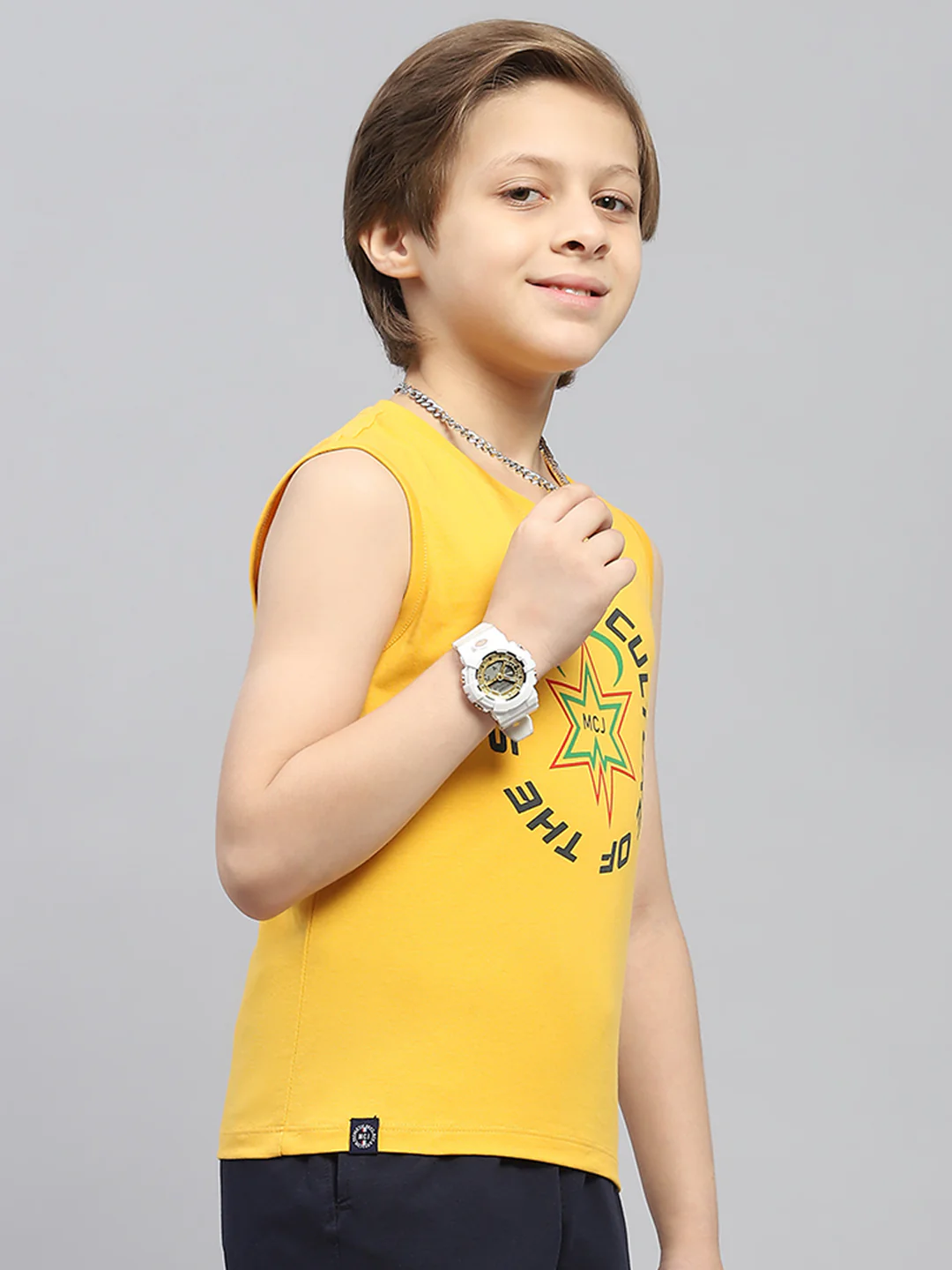 Boys Mustard & Blue Printed Round Neck Sleeveless T-Shirt (Pack of 2) - Image 5