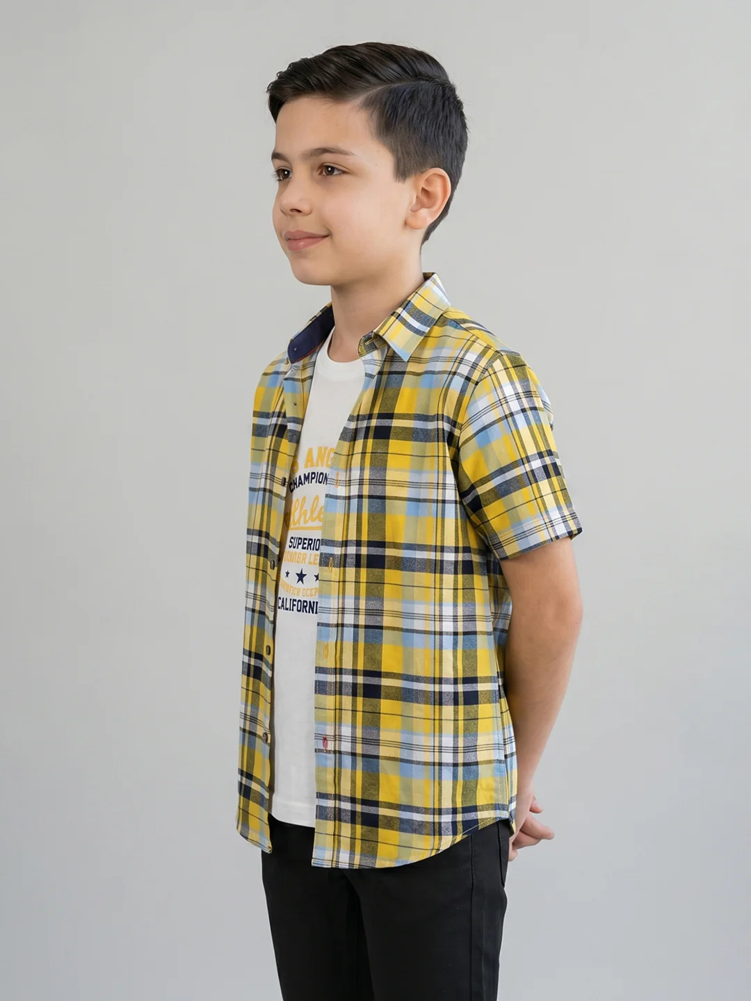 Boys Mustard Check Collar Half Sleeve Shirt Set with Inner T-Shirt - Image 3