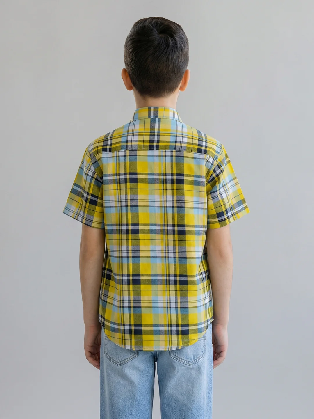 Boys Mustard Check Collar Half Sleeve Shirt Set with Inner T-Shirt - Image 5