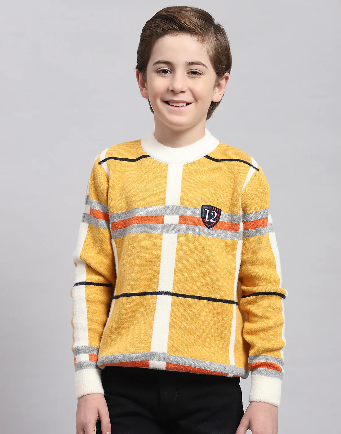 Boys Mustard Check Round Neck Full Sleeve Sweater - Image 2