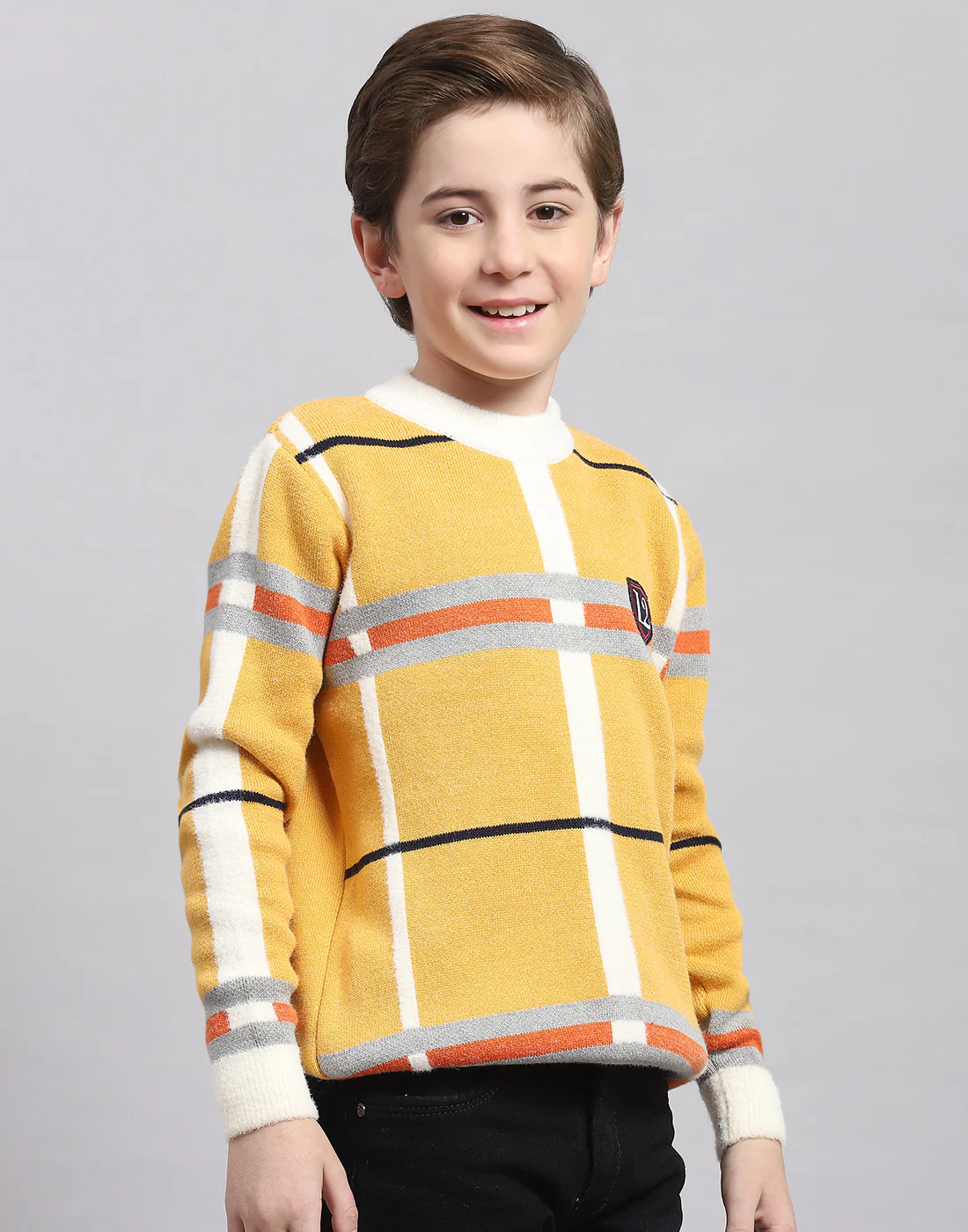 Boys Mustard Check Round Neck Full Sleeve Sweater - Image 4