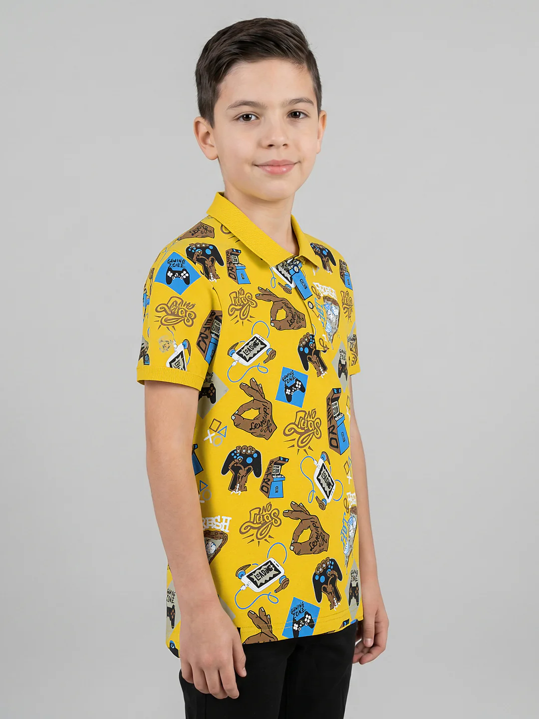 Boys Mustard Printed Collar Half Sleeve T-Shirt - Image 2