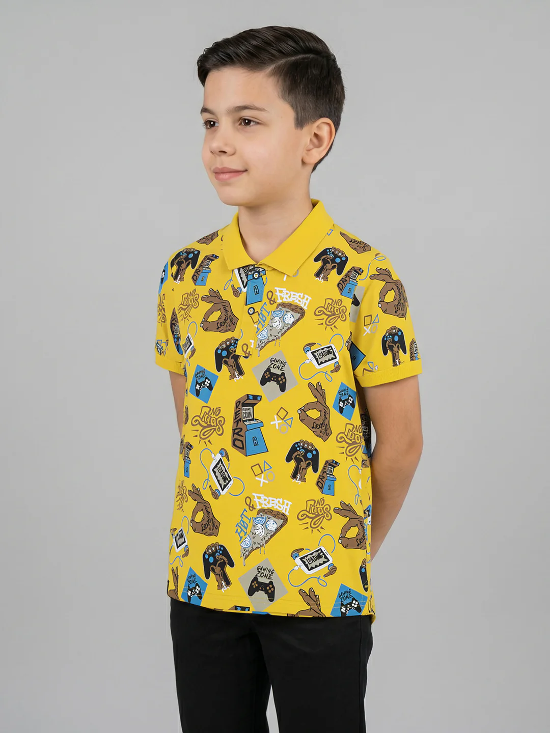 Boys Mustard Printed Collar Half Sleeve T-Shirt - Image 3