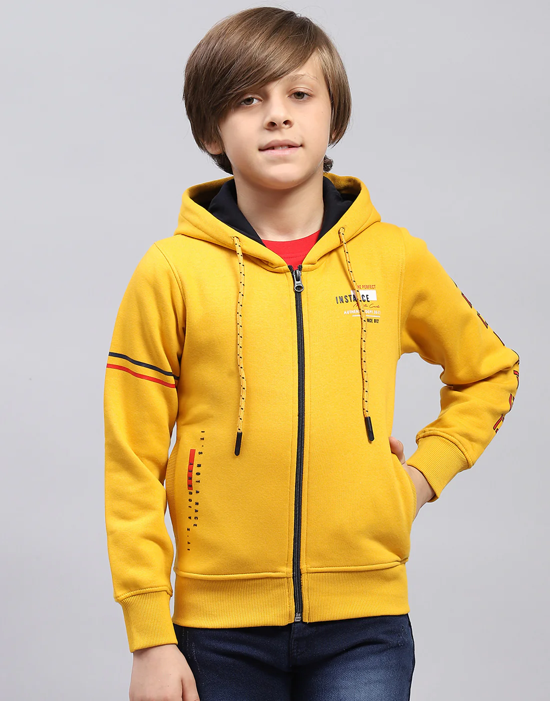 Boys Mustard Printed Hooded Full Sleeve Sweatshirt - Image 2