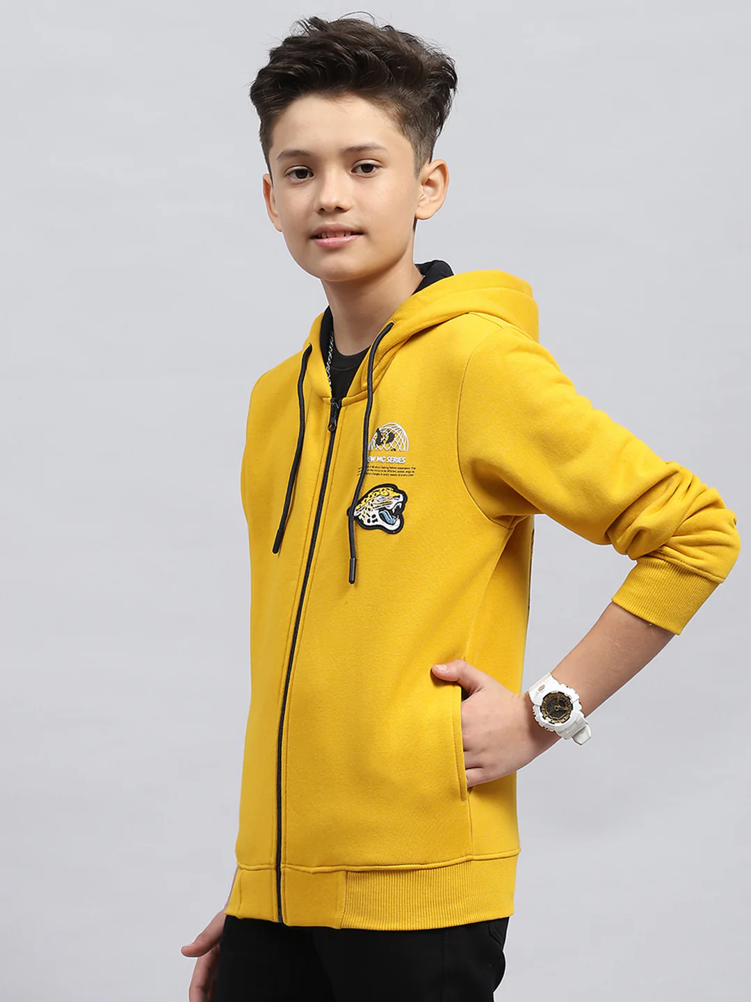 Boys Mustard Printed Hooded Full Sleeve Sweatshirt - Image 3