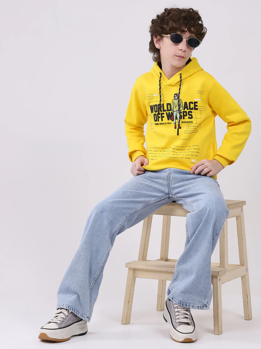 Boys Mustard Printed Hooded Full Sleeve Sweatshirt - Image 2