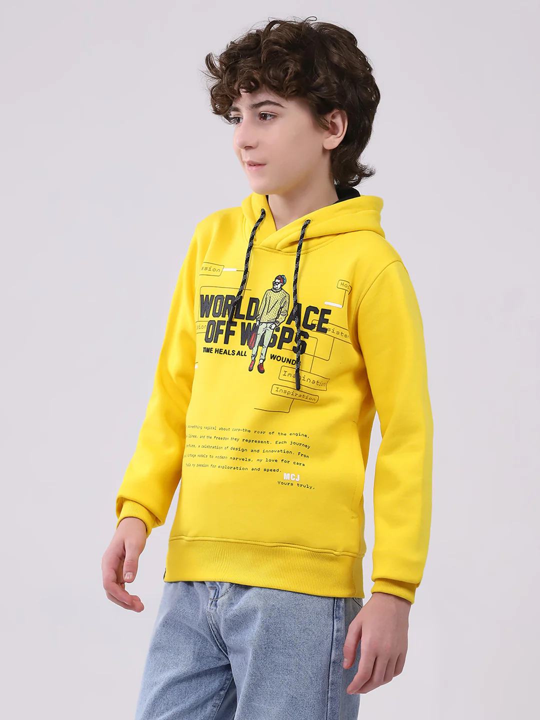 Boys Mustard Printed Hooded Full Sleeve Sweatshirt - Image 3