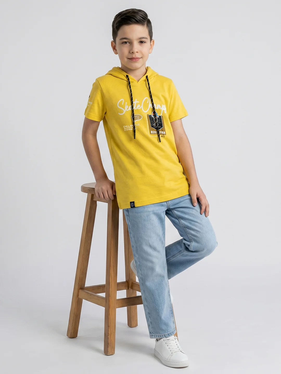 Boys Mustard Printed Hooded Half Sleeve T-Shirt - Image 5