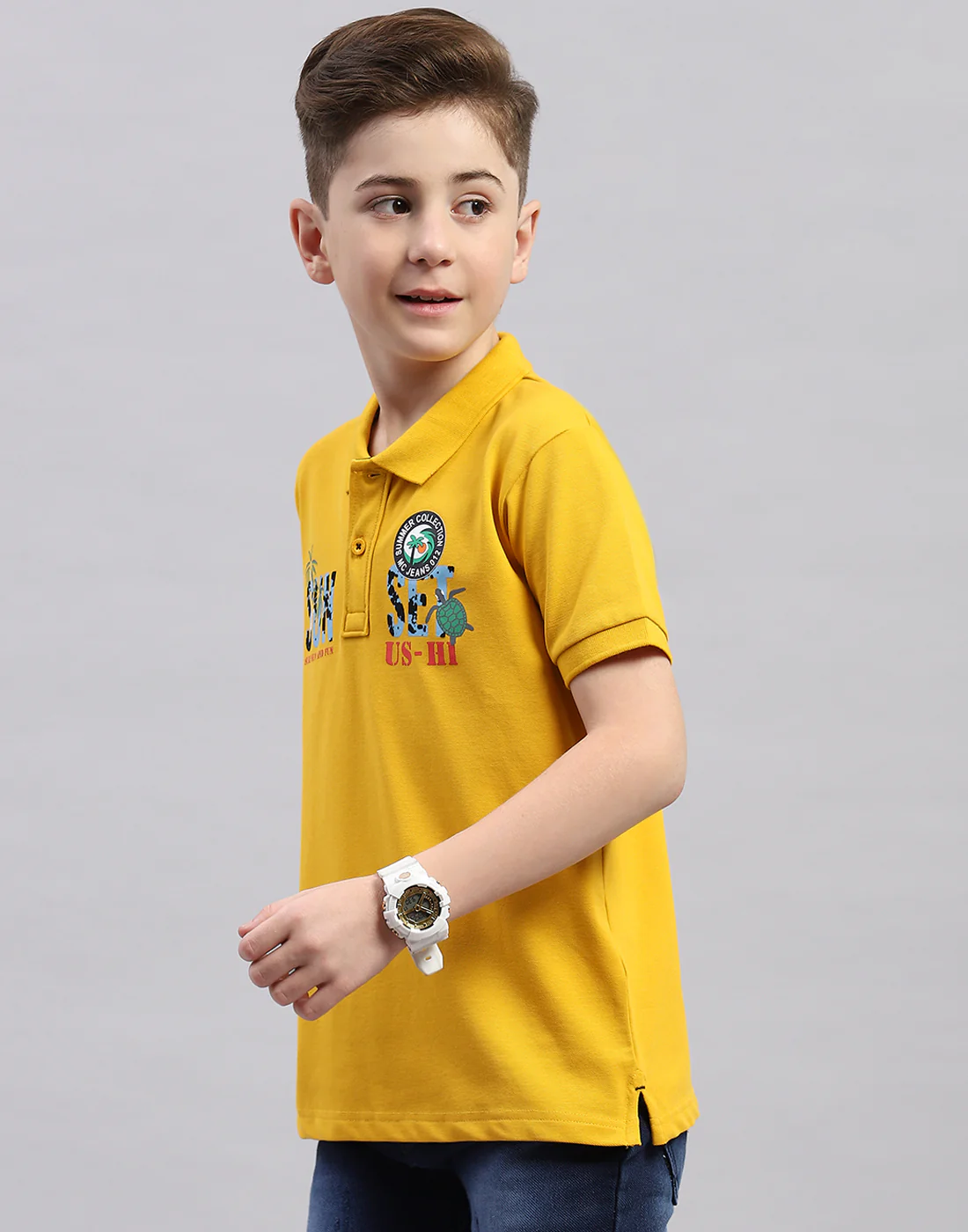 Boys Mustard Printed Polo Collar Half Sleeve T-Shirt - Image 3