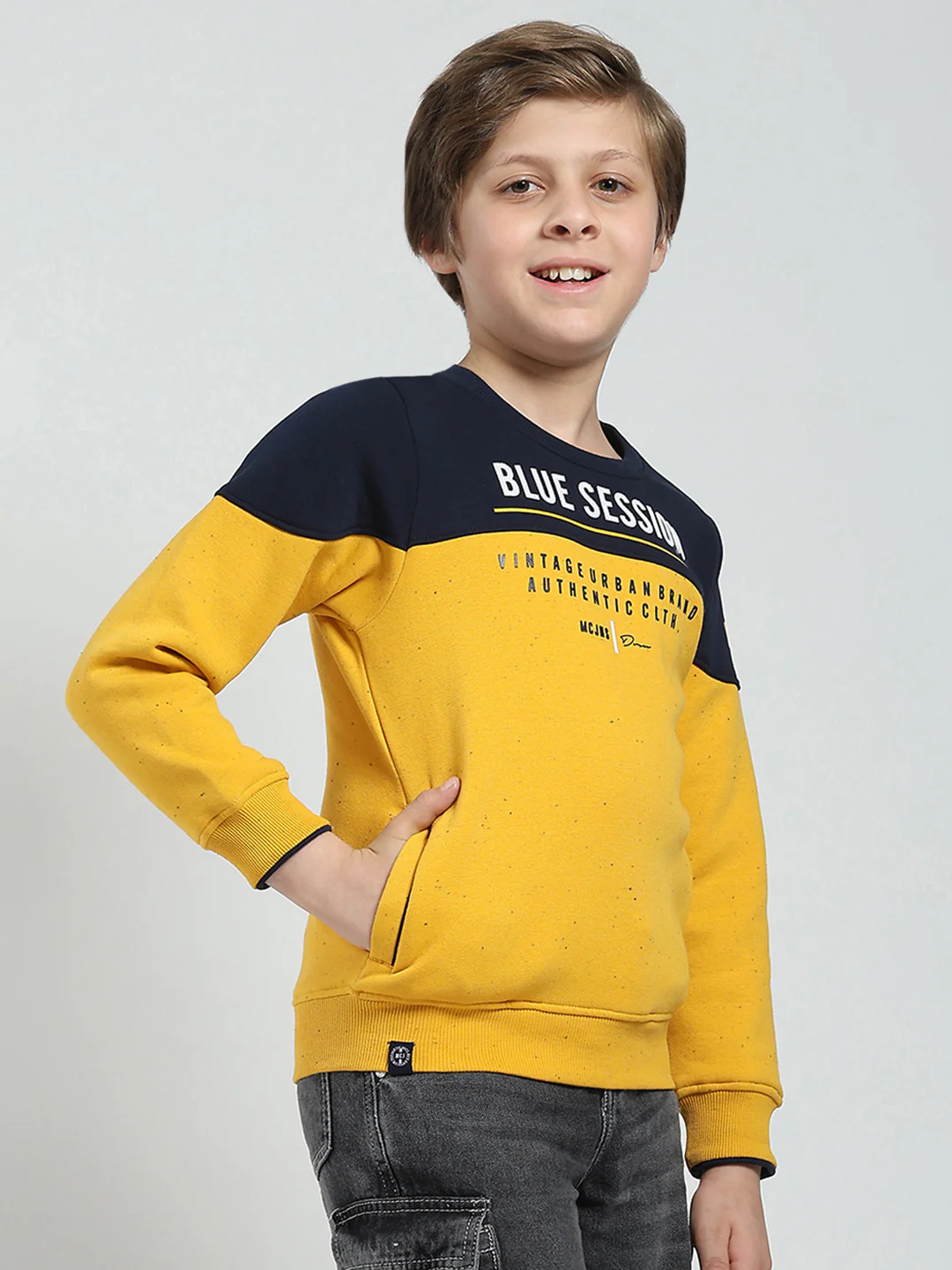 Boys Mustard Printed Round Neck Full Sleeve Sweatshirt - Image 4