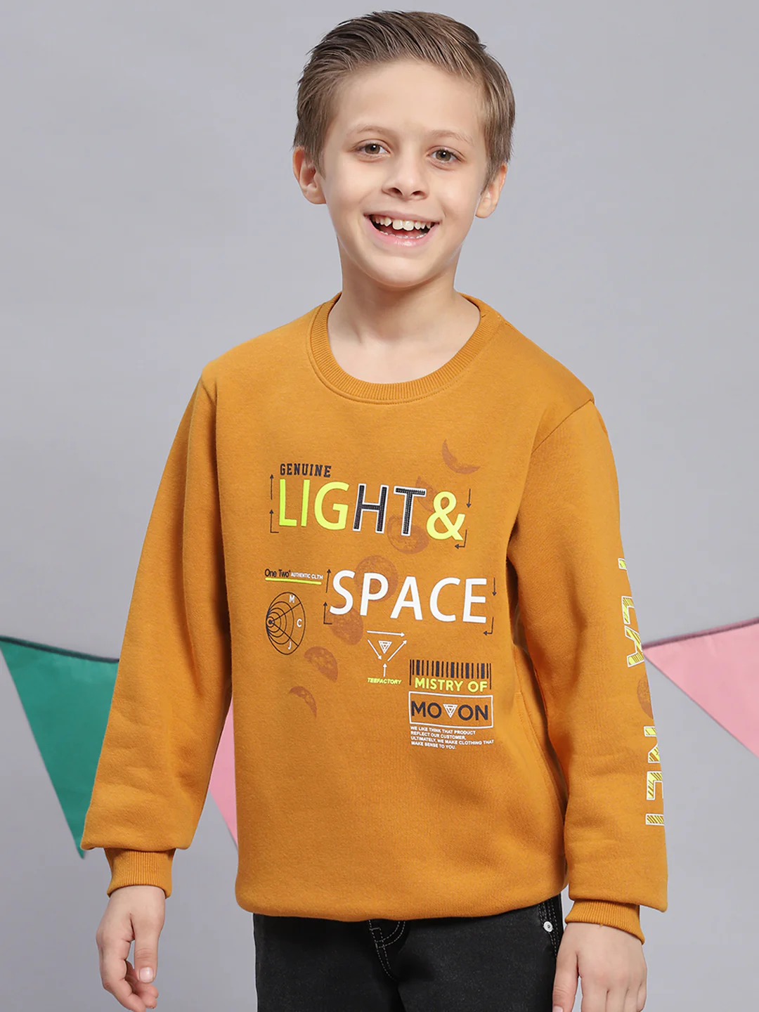 Boys Mustard Printed Round Neck Full Sleeve Sweatshirt - Image 2