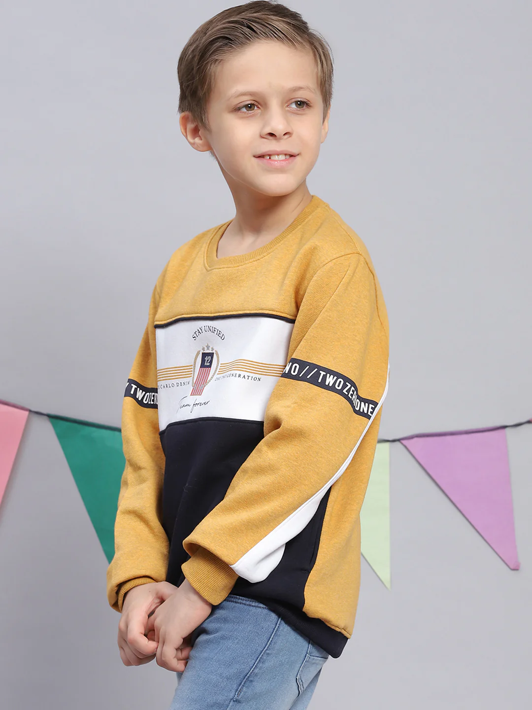 Boys Mustard Printed Round Neck Full Sleeve Sweatshirt - Image 3