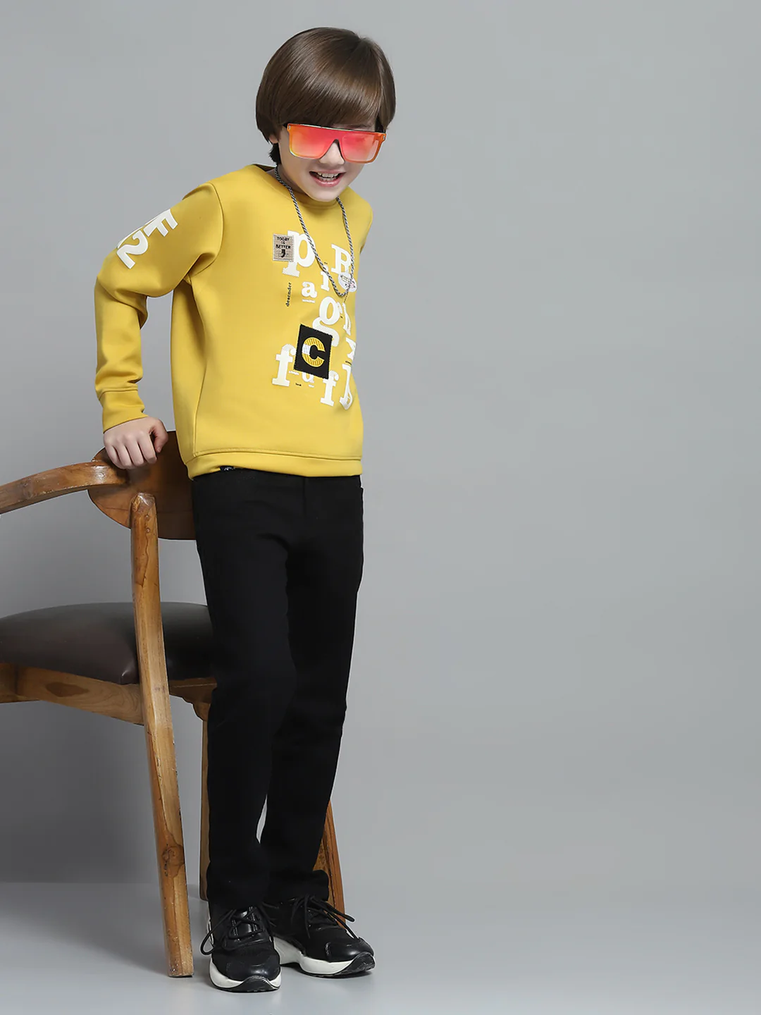 Boys Mustard Printed Round Neck Full Sleeve Sweatshirt - Image 2