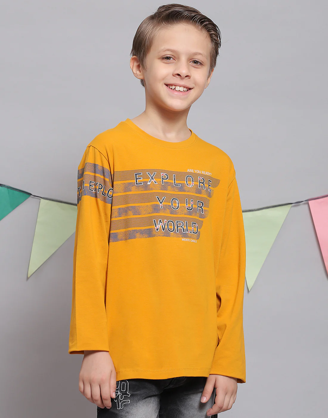 Boys Mustard Printed Round Neck Full Sleeve T-Shirts - Image 3