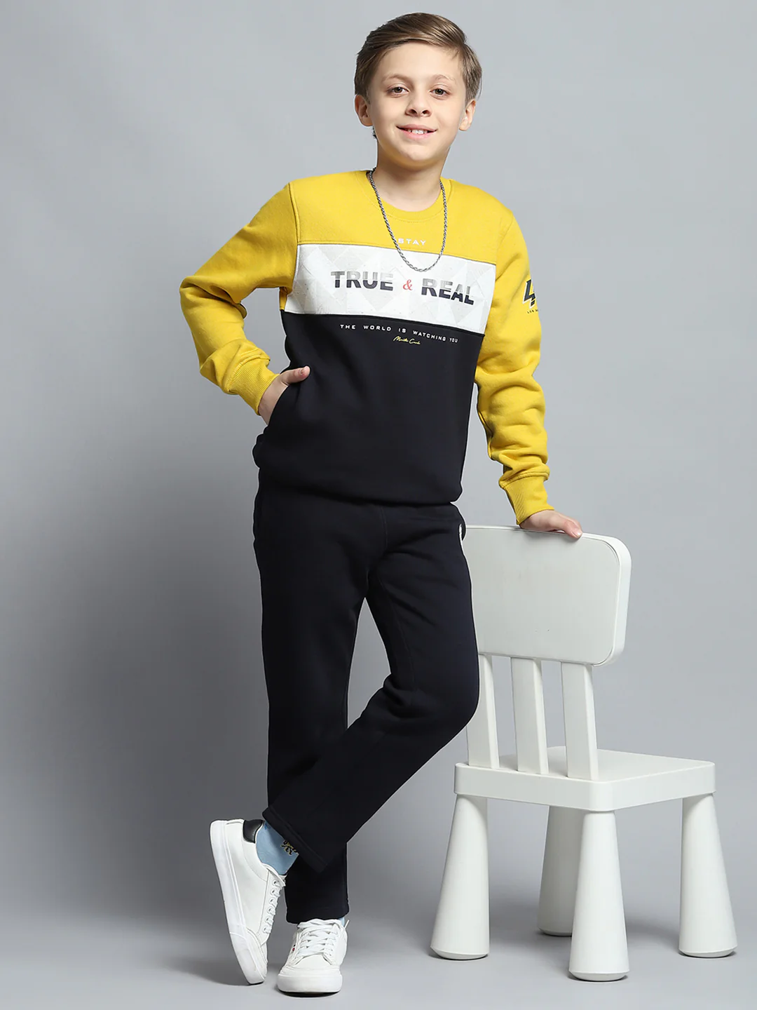 Boys Mustard Printed Round Neck Full Sleeve Tracksuit - Image 2
