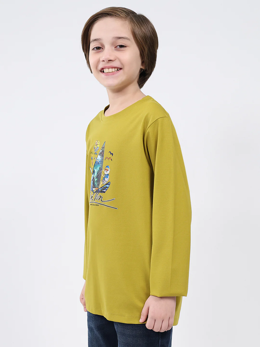 Boys Mustard Printed Round Neck Full Sleeve Winter T-Shirt - Image 3