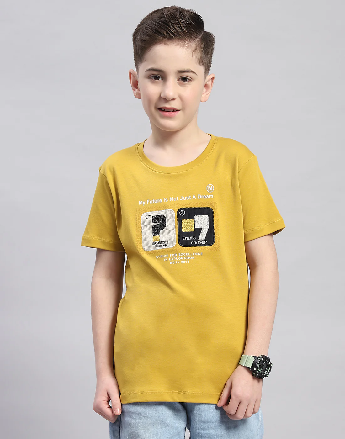 Boys Mustard Printed Round Neck Half Sleeve T-Shirt - Image 2