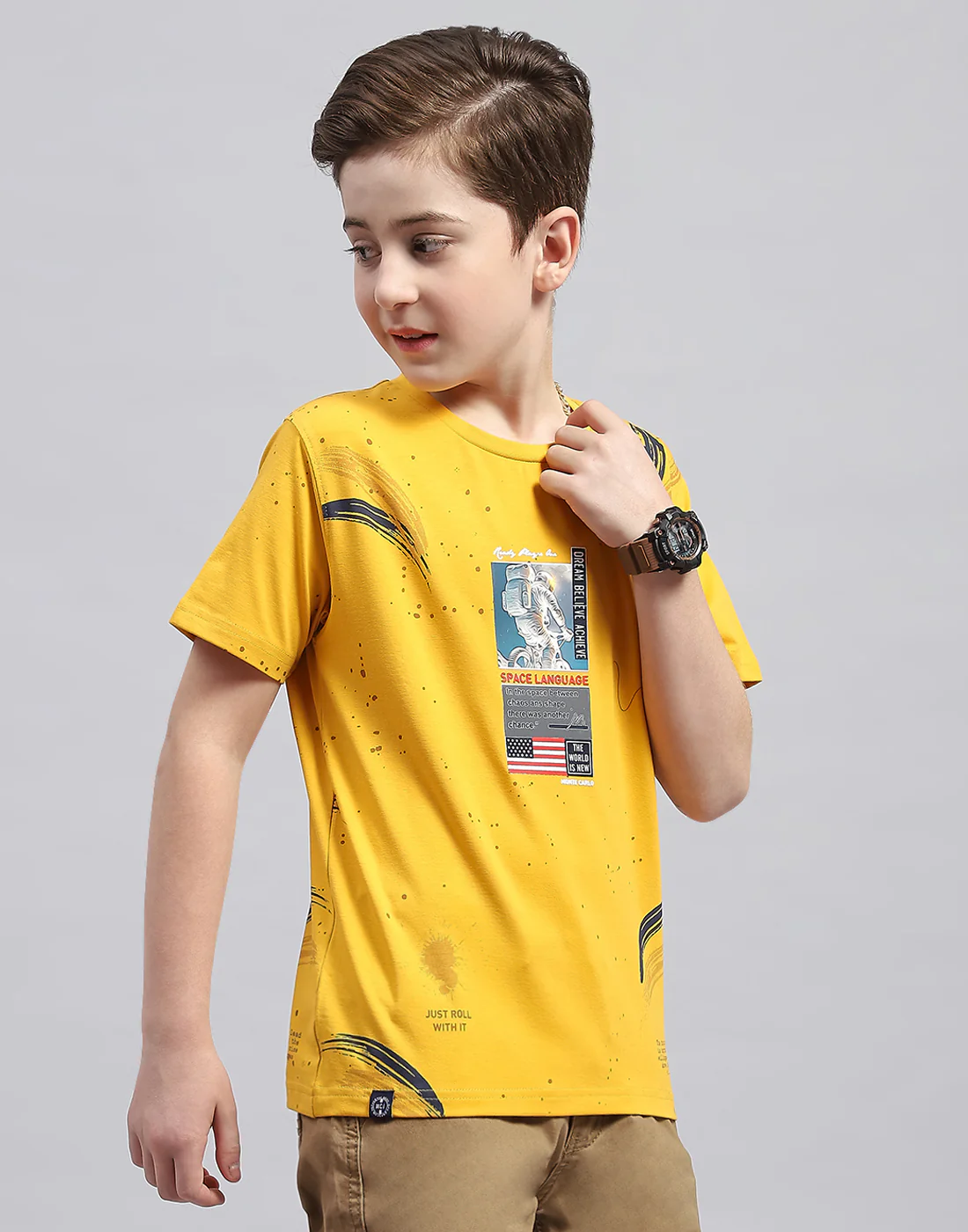Boys Mustard Printed Round Neck Half Sleeve T-Shirt - Image 4