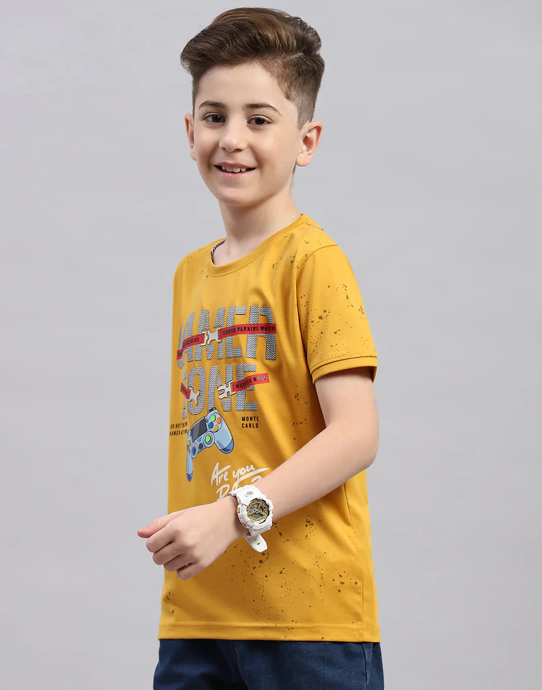 Boys Mustard Printed Round Neck Half Sleeve T-Shirt - Image 3