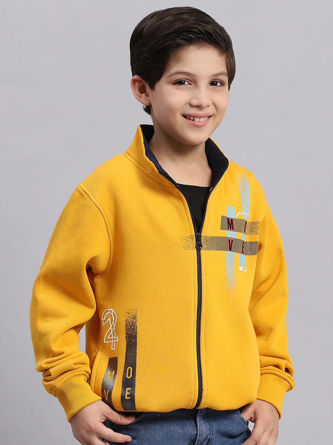 Boys Mustard Printed Stand Collar Full Sleeve Sweatshirt - Image 4