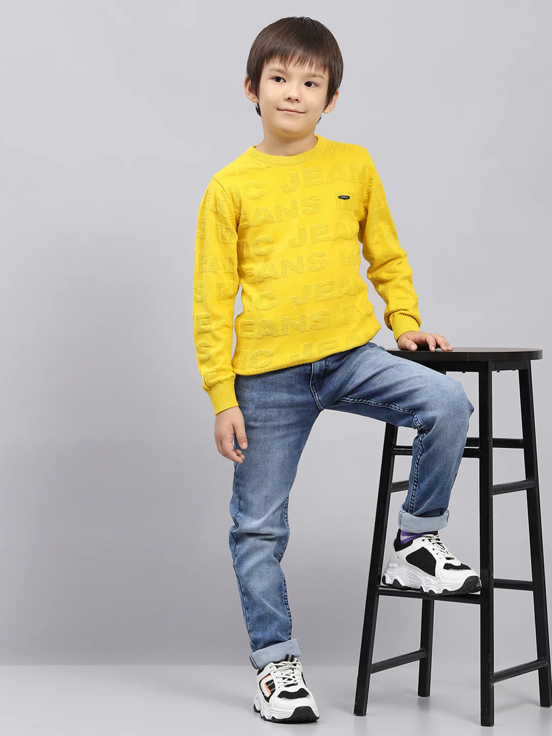 Boys Mustard Self Design Round Neck Full Sleeve Pullover - Image 2