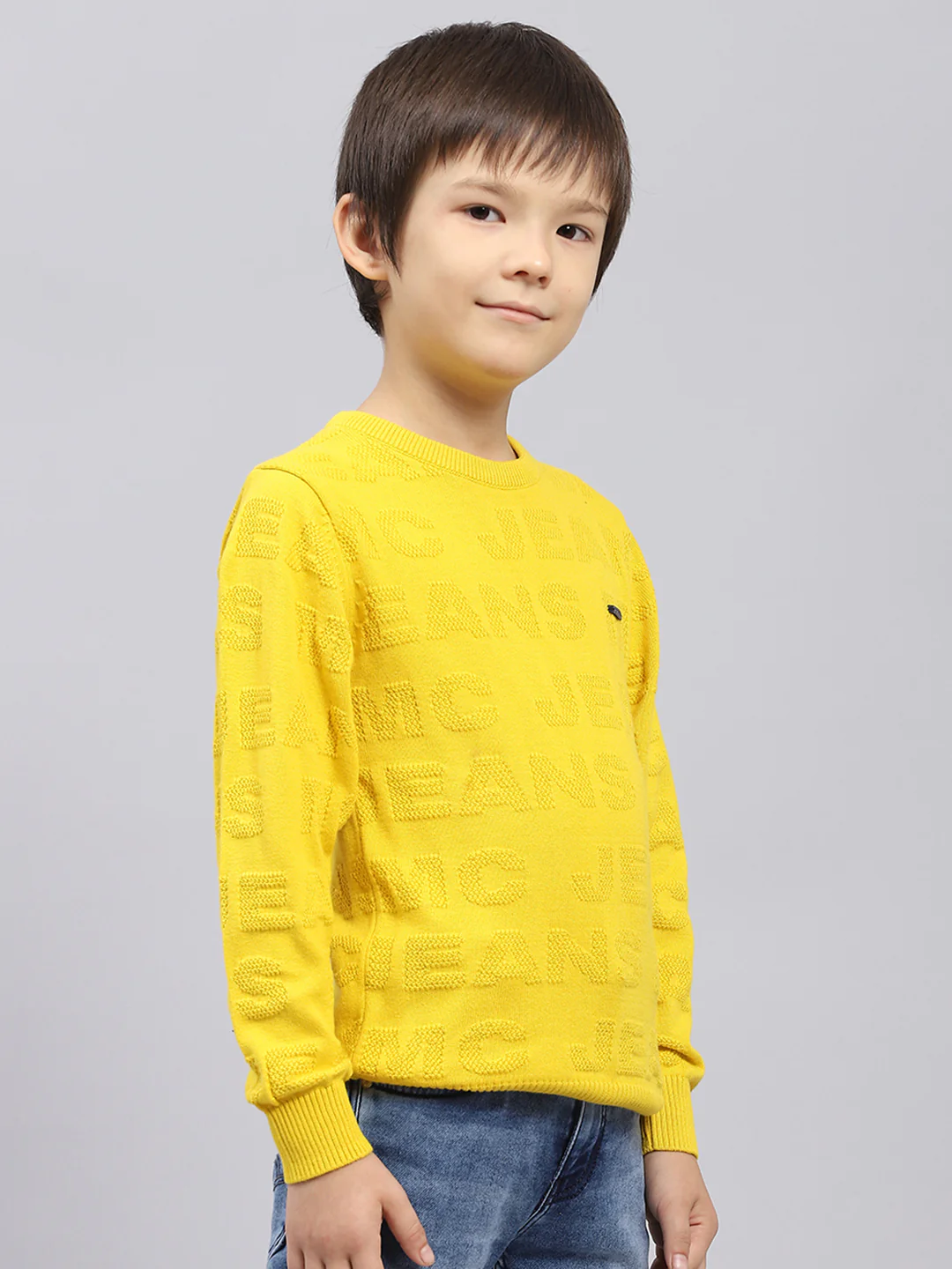 Boys Mustard Self Design Round Neck Full Sleeve Pullover - Image 4