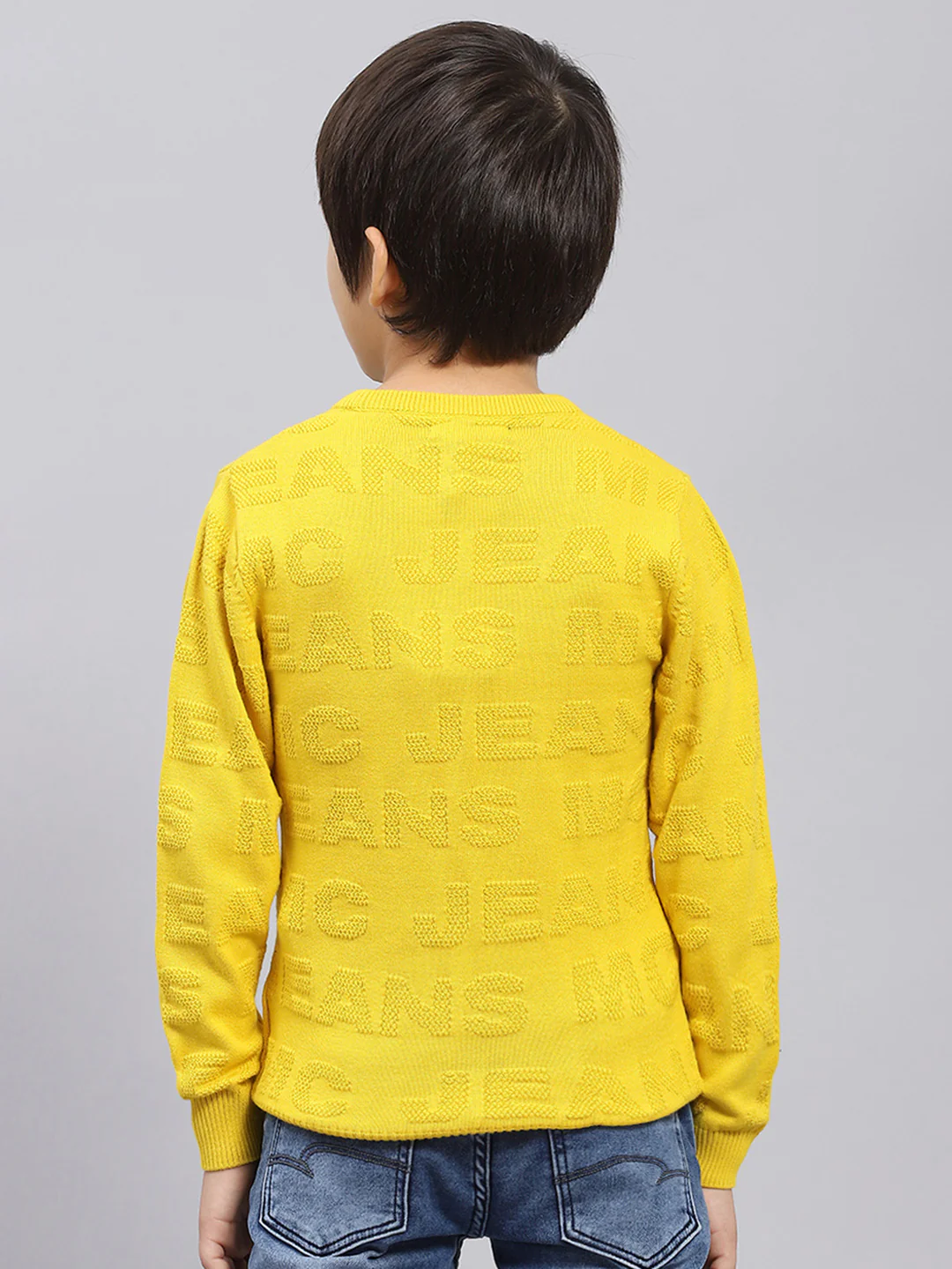 Boys Mustard Self Design Round Neck Full Sleeve Pullover - Image 5