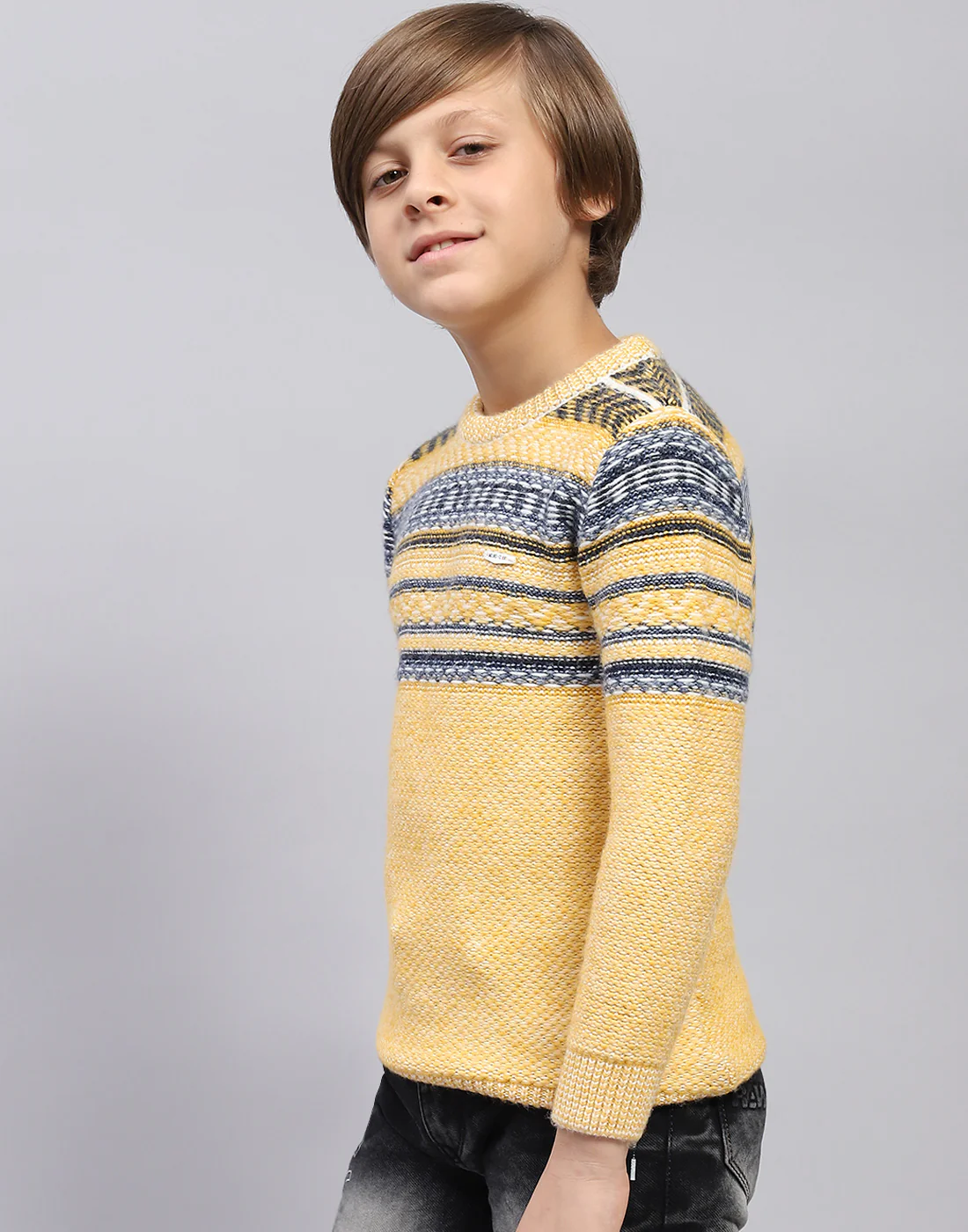 Boys Mustard Self Design Round Neck Full Sleeve Pullover - Image 3