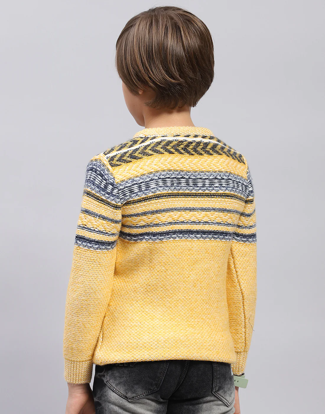 Boys Mustard Self Design Round Neck Full Sleeve Pullover - Image 5
