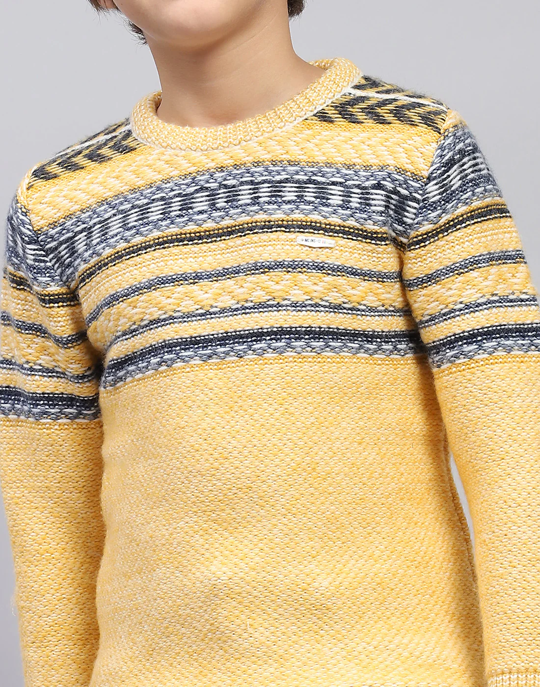 Boys Mustard Self Design Round Neck Full Sleeve Pullover - Image 6