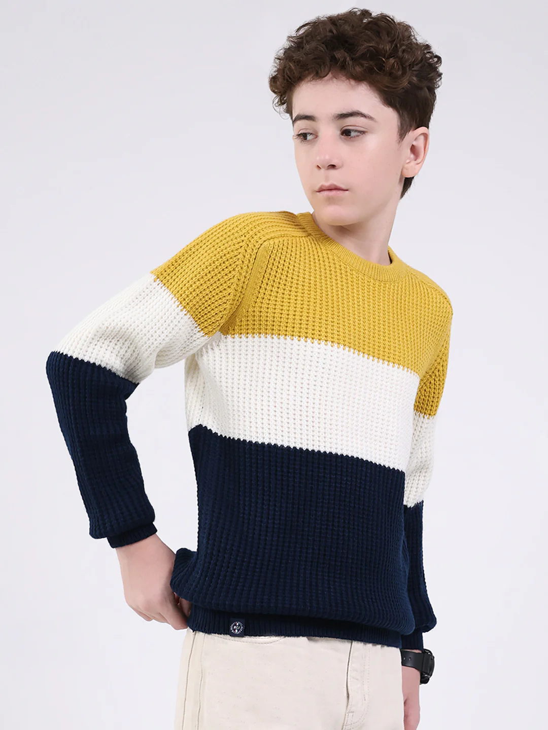 Boys Mustard Self Design Round Neck Full Sleeve Pullover - Image 4