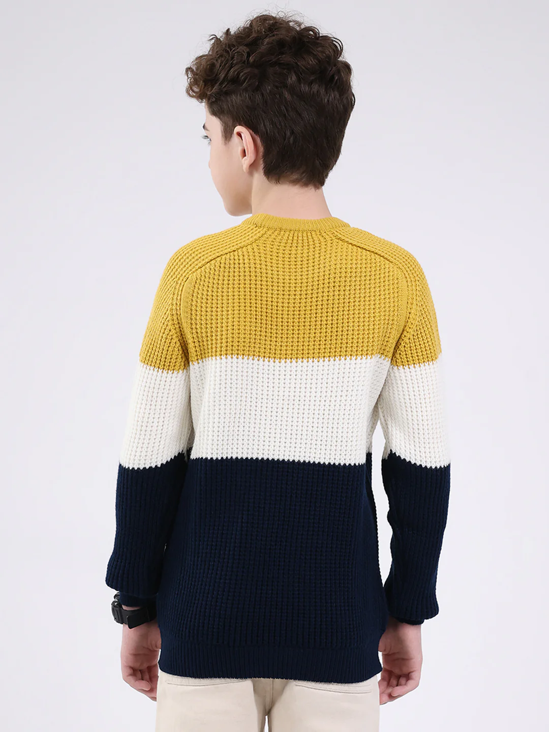 Boys Mustard Self Design Round Neck Full Sleeve Pullover - Image 5