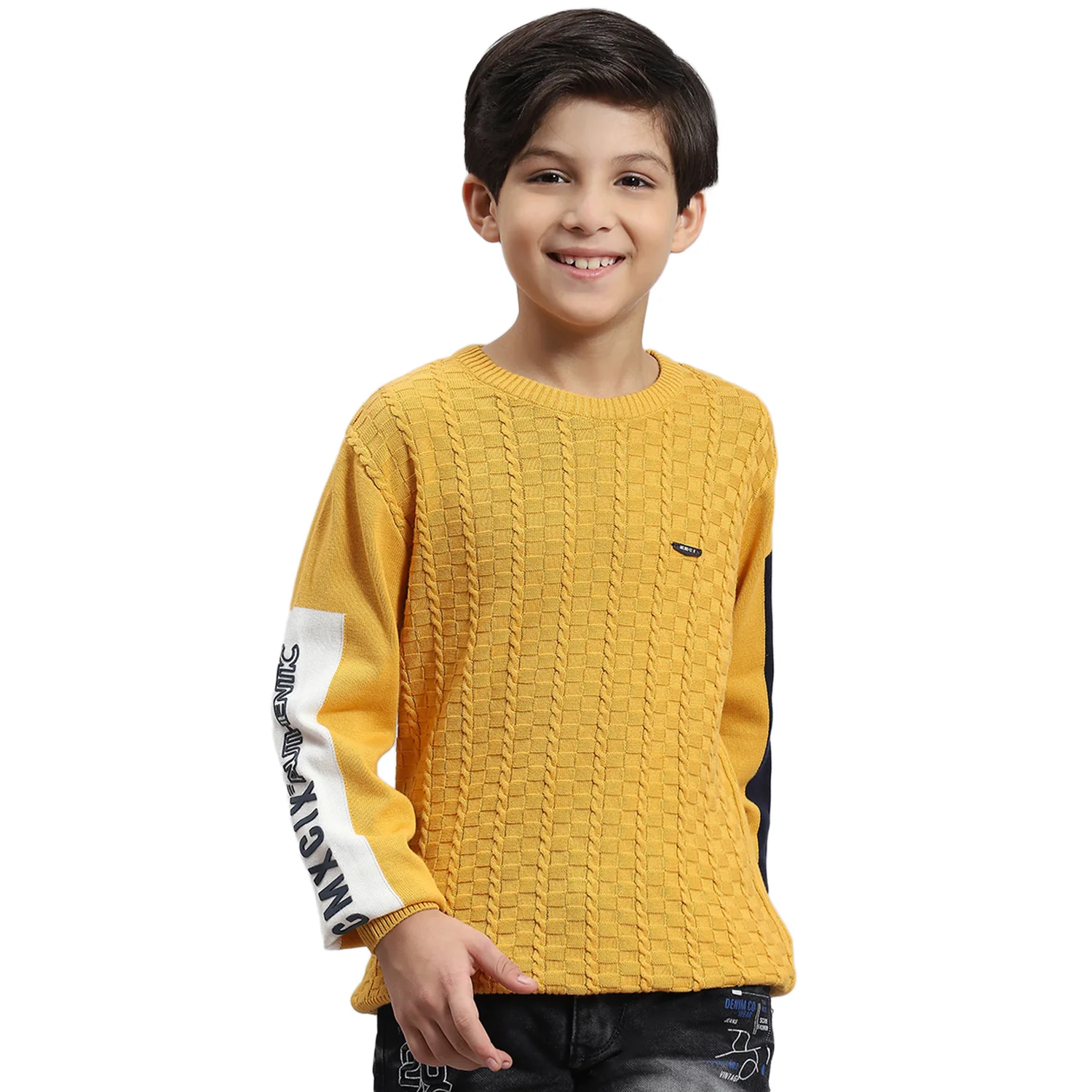 Boys Mustard Self Design Round Neck Full Sleeve Sweater - Image 5