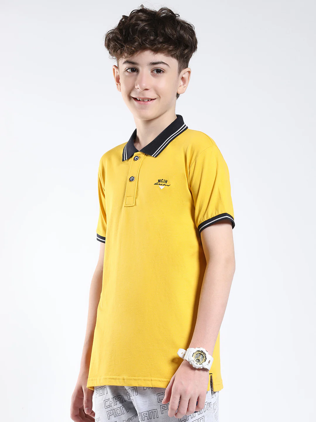 Boys Mustard Solid Collar Half Sleeve T-Shirt - Image 3
