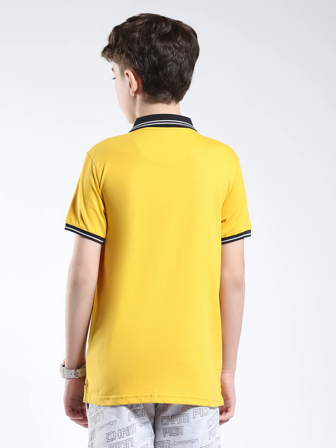 Boys Mustard Solid Collar Half Sleeve T-Shirt - Image 5