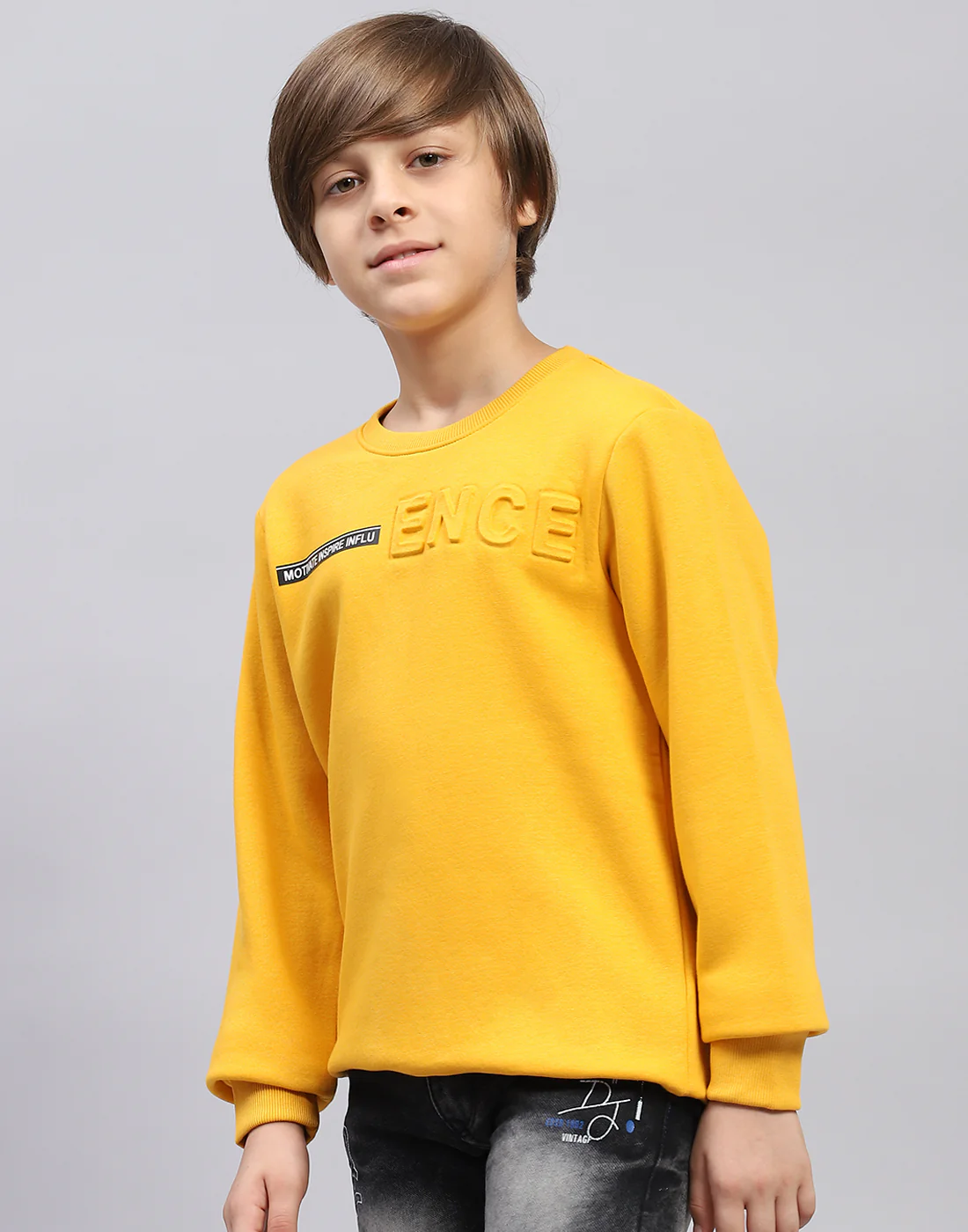 Boys Mustard Solid Round Neck Full Sleeve Sweatshirt - Image 3