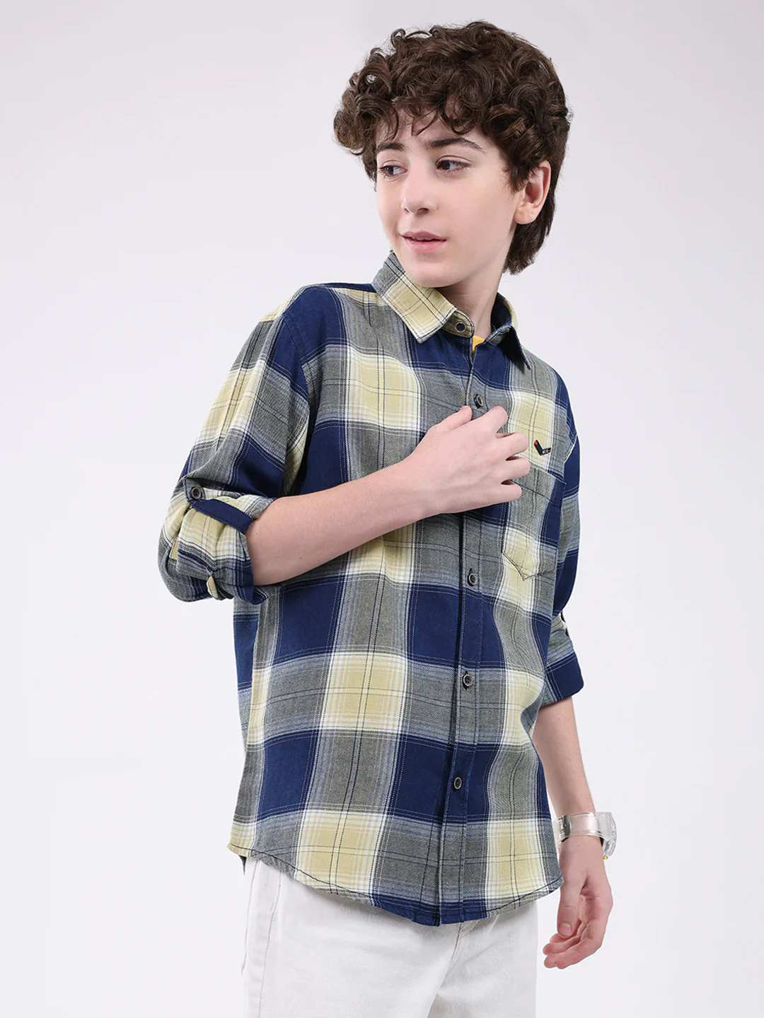 Boys Navy Blue Check Collar Full Sleeve Shirt - Image 4