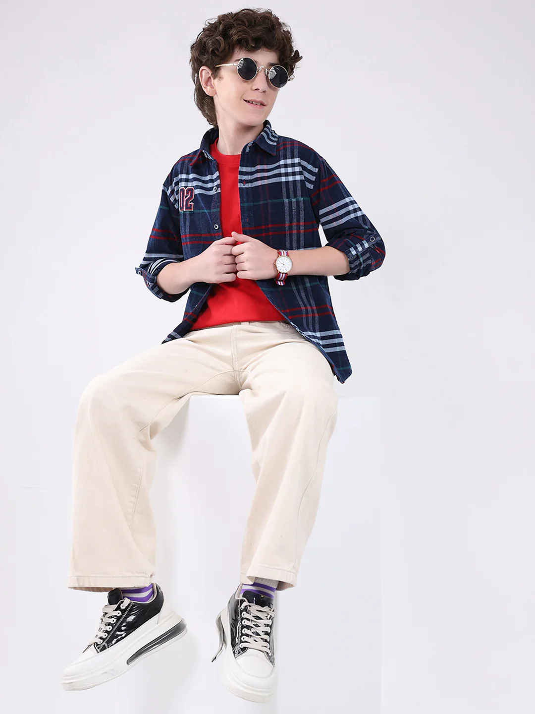 Boys Navy Blue Check Collar Full Sleeve Shirt - Image 2