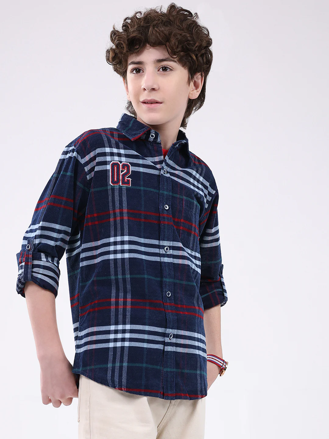 Boys Navy Blue Check Collar Full Sleeve Shirt - Image 4