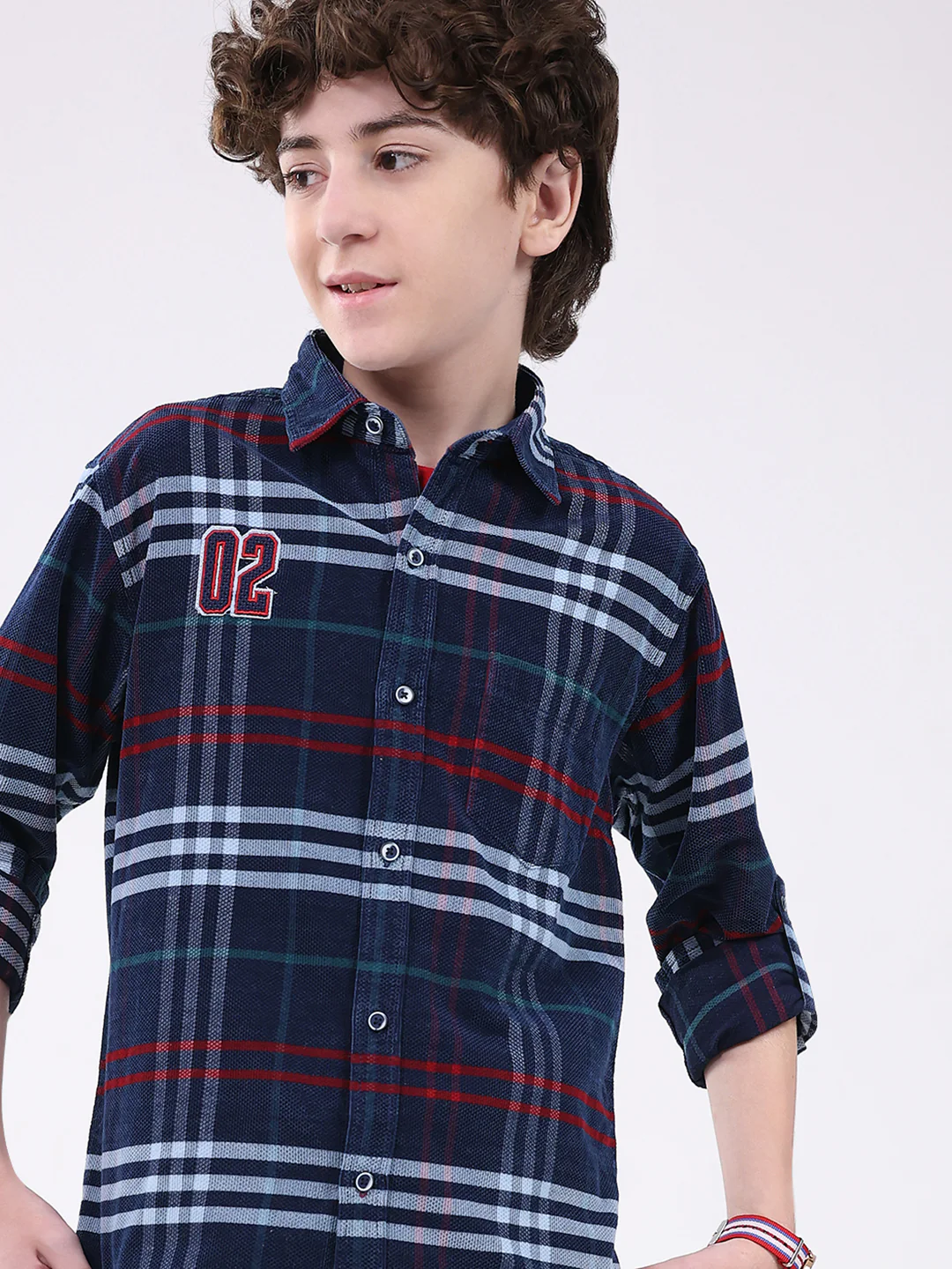 Boys Navy Blue Check Collar Full Sleeve Shirt - Image 6