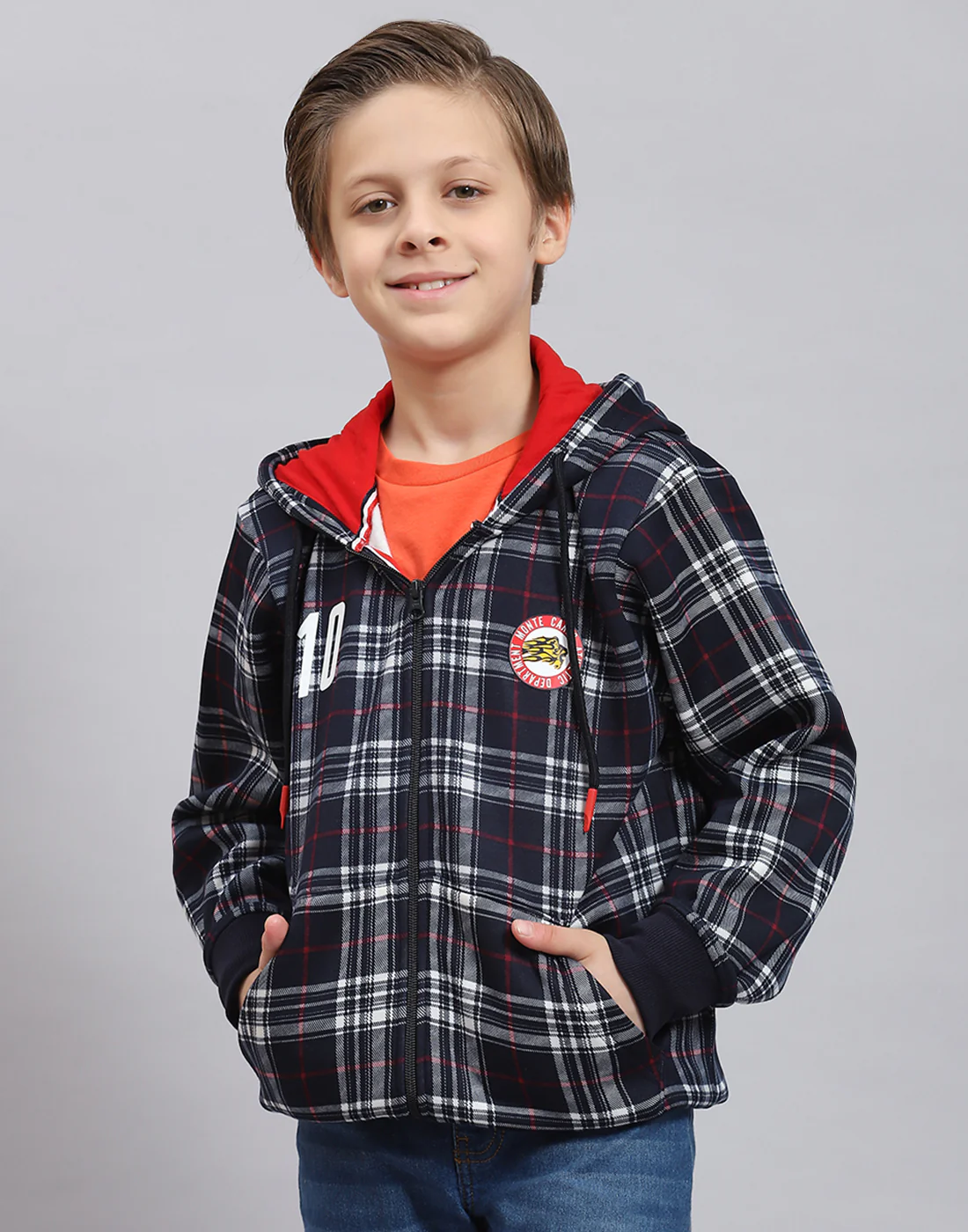 Boys Navy Blue Check Hooded Full Sleeve Sweatshirt - Image 2