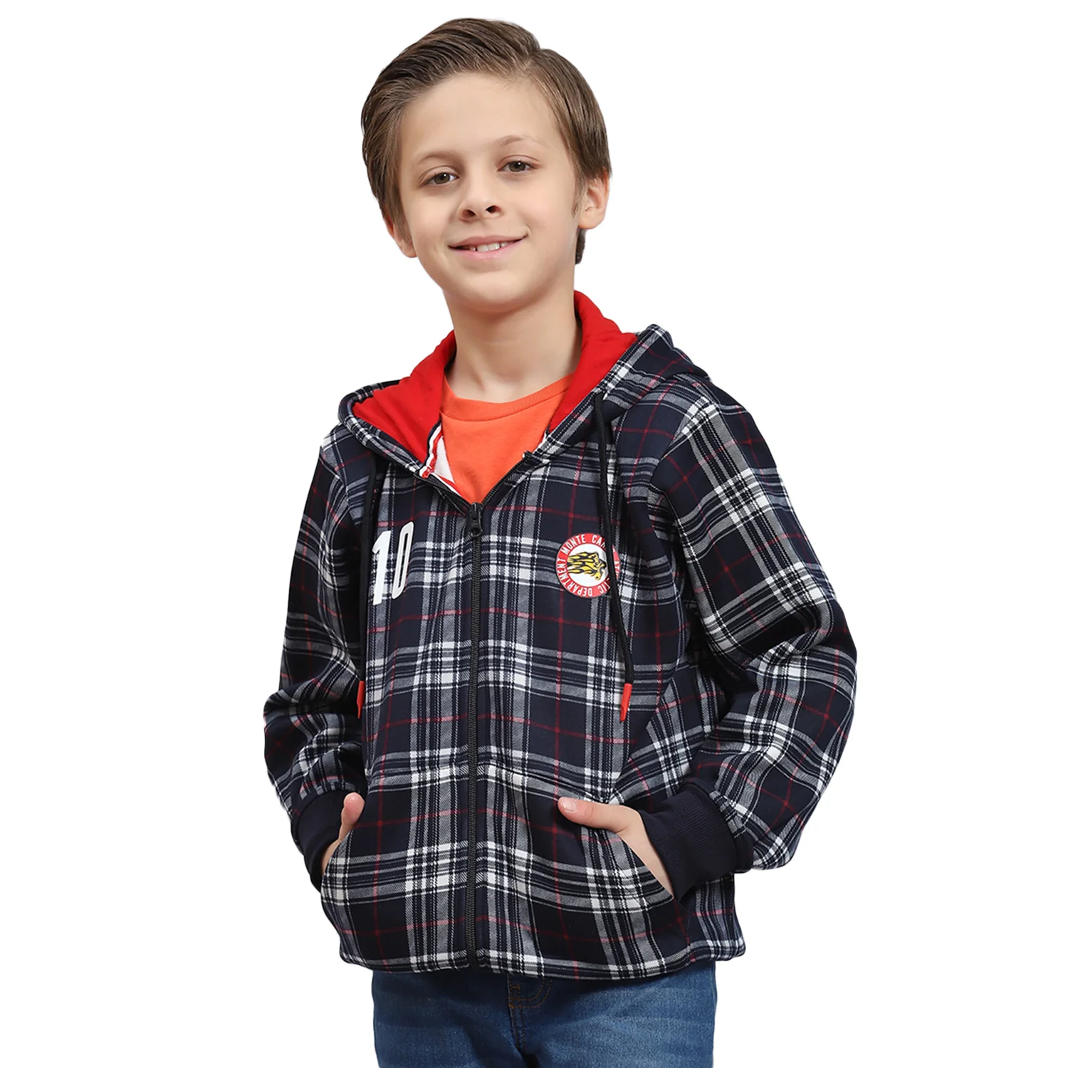 Boys Navy Blue Check Hooded Full Sleeve Sweatshirt - Image 5
