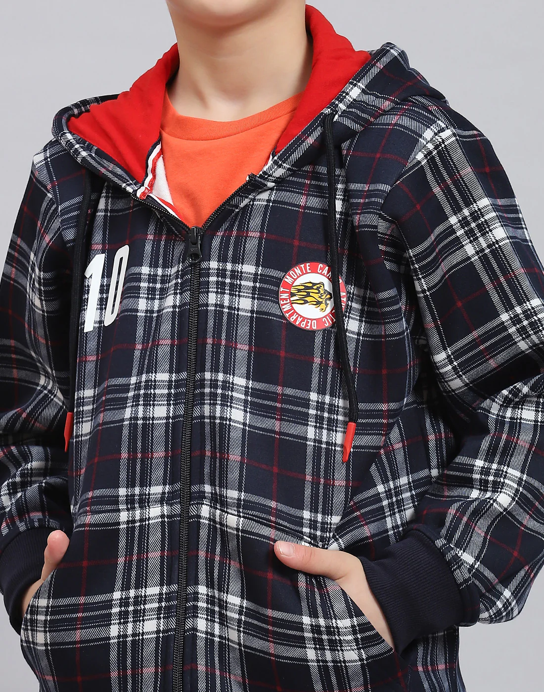 Boys Navy Blue Check Hooded Full Sleeve Sweatshirt - Image 7