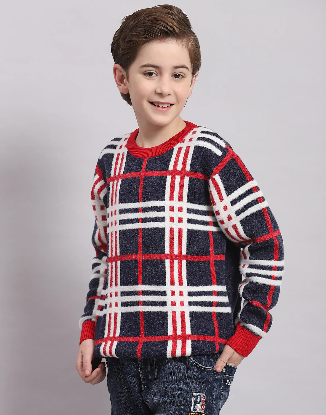 Boys Navy Blue Check Round Neck Full Sleeve Sweater - Image 3